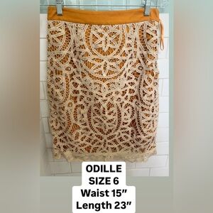 ODILLE ANTHROPOLOGIE Lace Overlay Skirt mustard Yellow- Cream Size 6